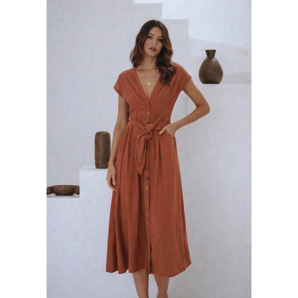 Aura Womens Linen Blend V-Neck‎ Button Front Tie Waist Midi Dress Terracotta S